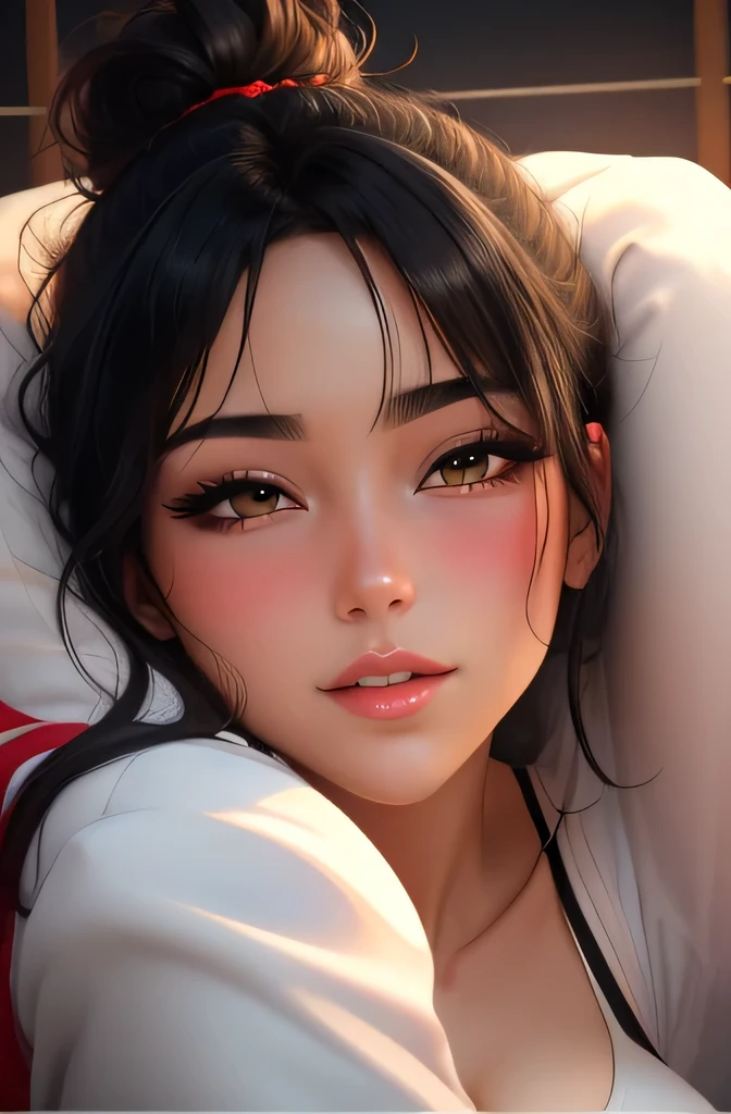 Amazing portrait of a sexy woman who is the next door neighbour with her black hair in a messy bun with a seductive look as she blushes intensely as she's flustered and lustful posing seductively wearing a white see through shirt with red lingerie visible through the shirt and white pants being barefoot looking very sexy and so hot as she lies on her back on her bed during night time with warm lighting showcasing all the amazing features