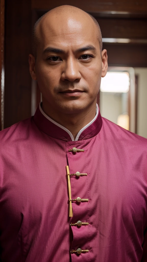 a bold man, no hair, duke, magenta Chinese clothes, close-up, half-body