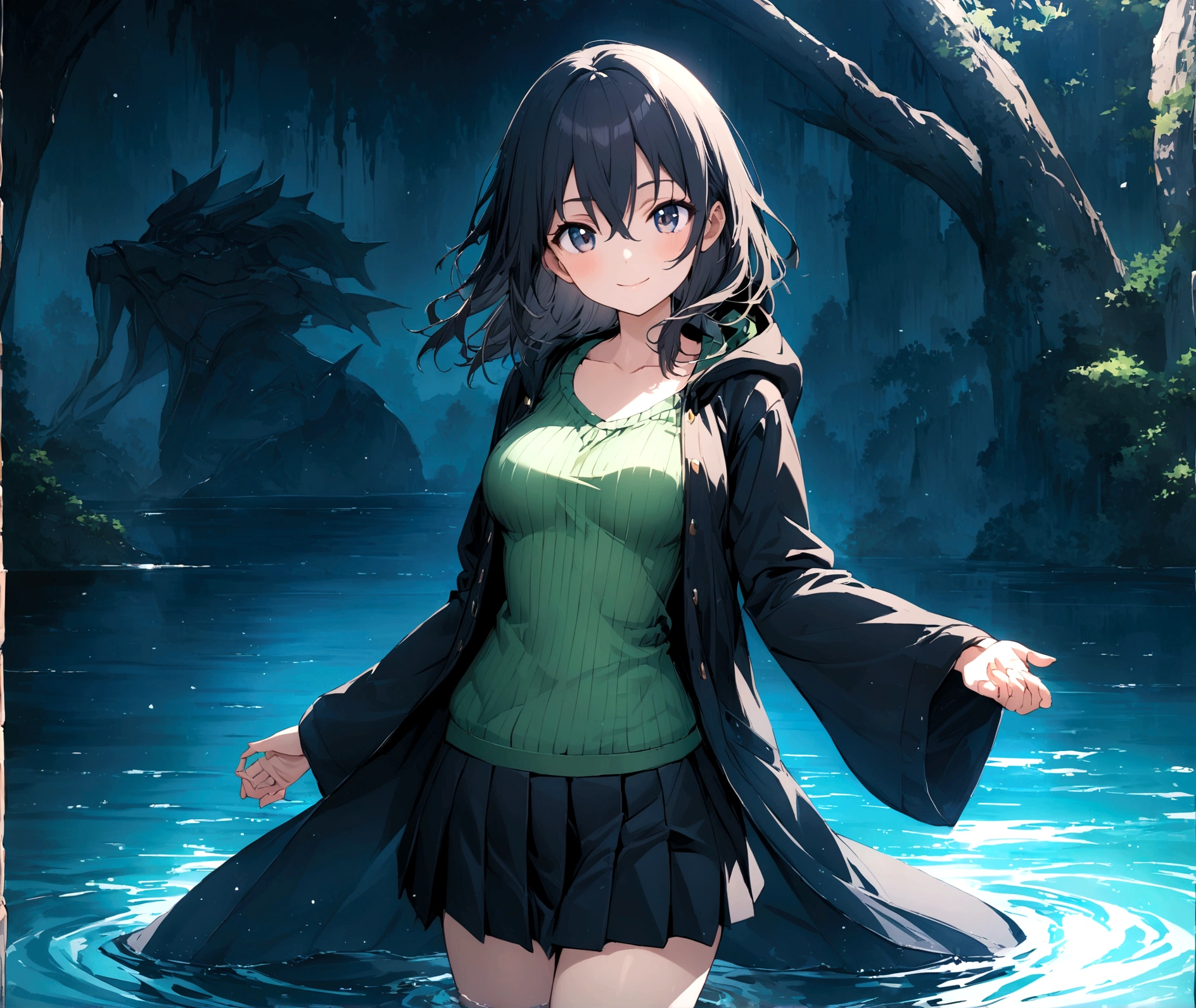 Masterpiece, Best Quality, Ultra high quality CG, YGO area, 1 girl, Alone, wide, looking at the viewer, Skirt, shirt, long sleeves, hair between the eyes, medium breasts, Closed mouth, clavicle, cowboy shot, pleated Skirt, open clothing, hood, wide sleeves, black Skirt, blue background, hood down, personal, tunica, green shirt, SMILE, happy, playing in the water, lake, duel monster, ribbed shirt, open tunica, hooded tunica