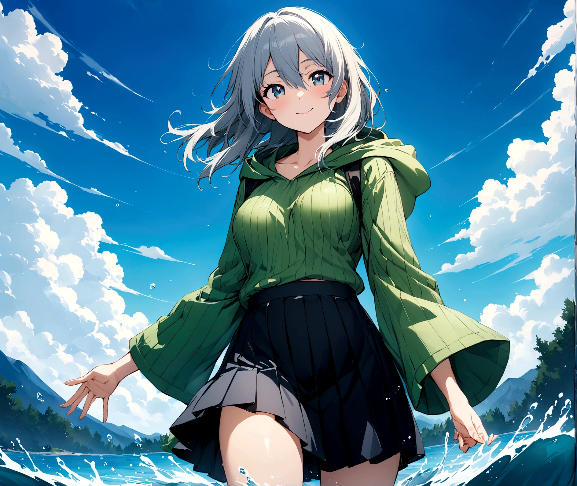 Masterpiece, Best Quality, Ultra high quality CG, YGO area, 1 girl, Alone, wide, looking at the viewer, Skirt, shirt, long sleeves, hair between the eyes, medium breasts, Closed mouth, clavicle, cowboy shot, pleated Skirt, open clothing, hood, wide sleeves, black Skirt, blue background, hood down, personal, tunica, green shirt, SMILE, happy, playing in the water, lake, duel monster, ribbed shirt, open tunica, hooded tunica