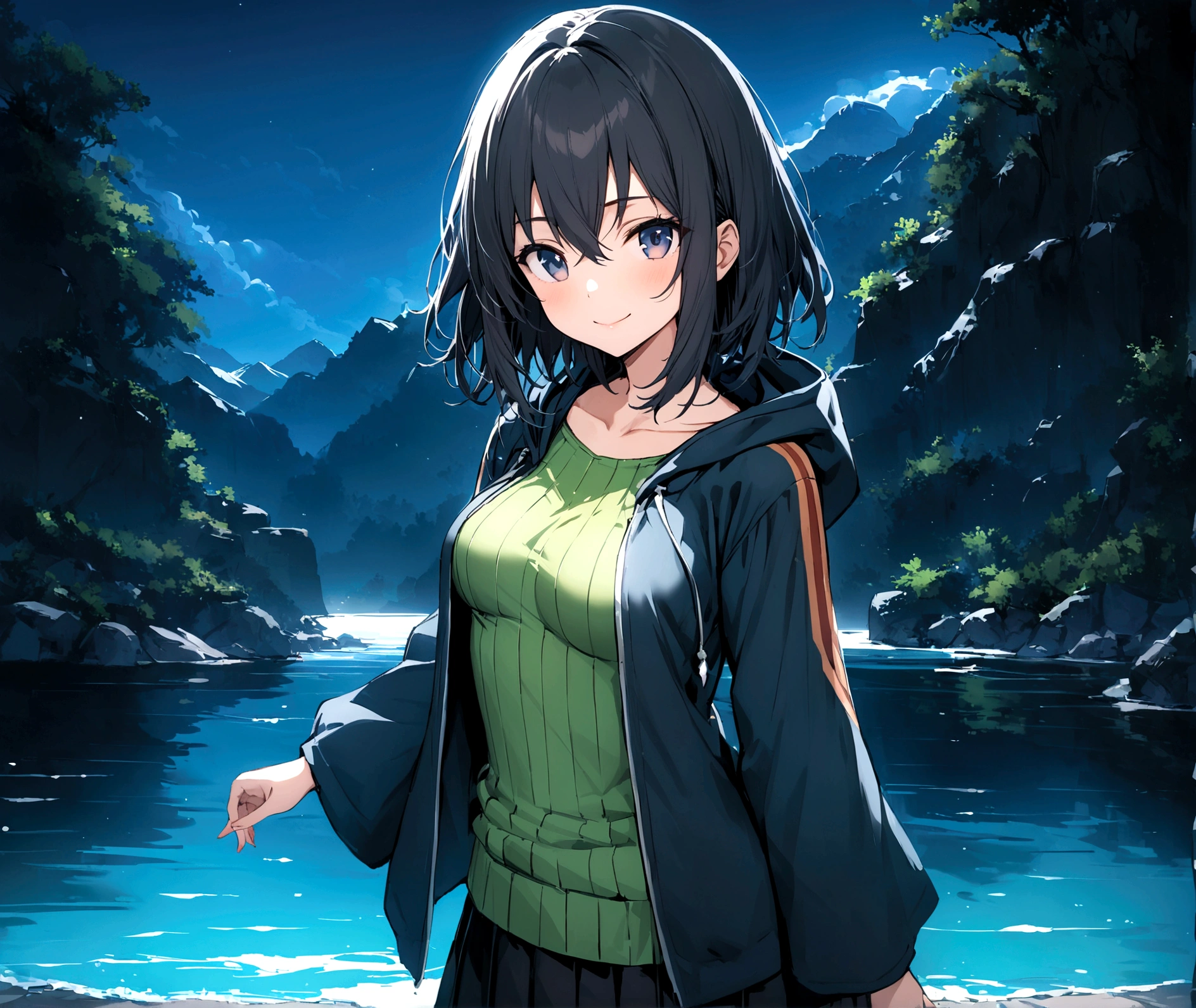 Masterpiece, Best Quality, Ultra high quality CG, YGO area, 1 girl, Alone, wide, looking at the viewer, Skirt, shirt, long sleeves, hair between the eyes, medium breasts, Closed mouth, clavicle, cowboy shot, pleated Skirt, open clothing, hood, wide sleeves, black Skirt, blue background, hood down, personal, tunica, green shirt, SMILE, happy, playing in the water, lake, duel monster, ribbed shirt, open tunica, hooded tunica