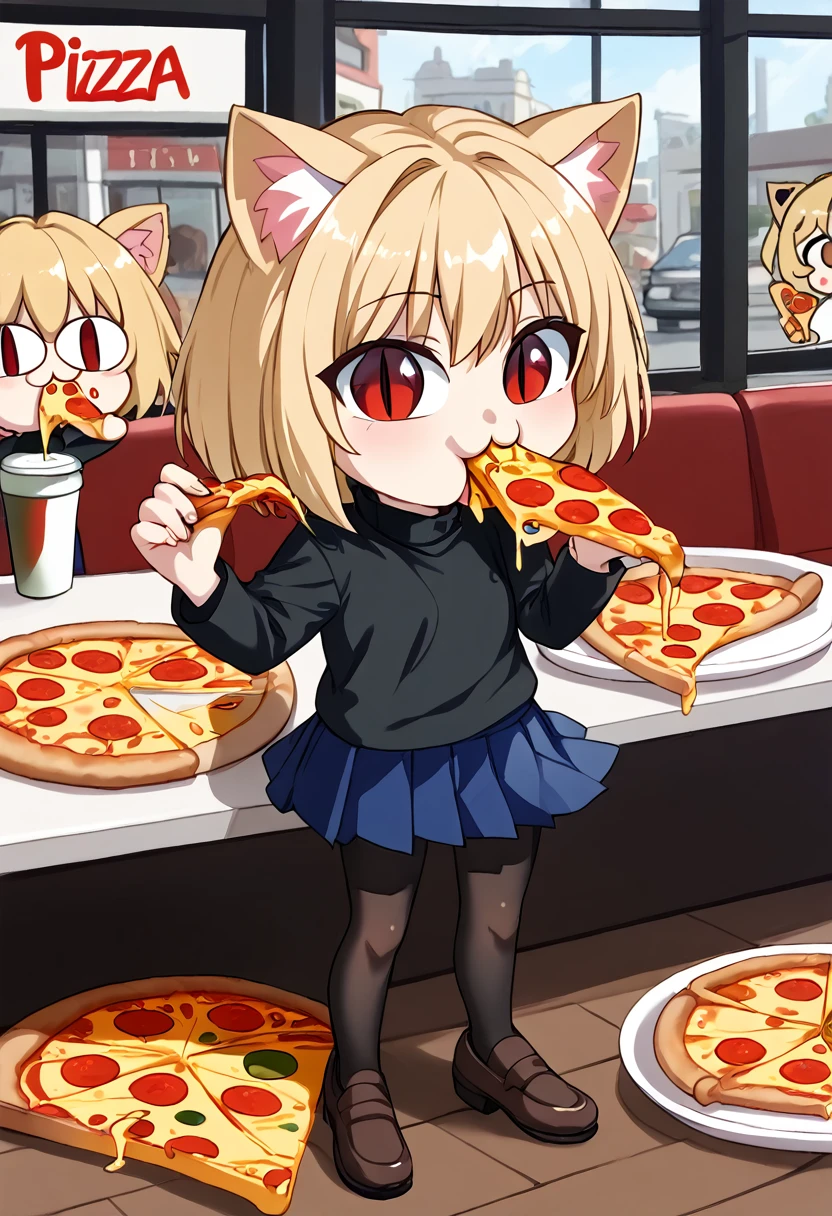 necoarc, slit pupils, cat ears, blonde hair, red eyes, chibi, :3, turtleneck, cute, blue skirt, pleated skirt, pantyhose, brown footwear, (((eating a slice of pizza))), in italian restaurant