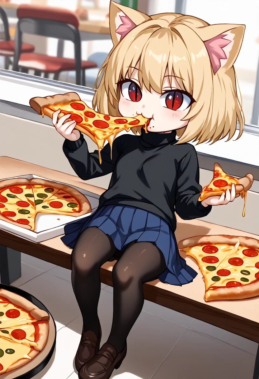 necoarc, slit pupils, cat ears, blonde hair, red eyes, chibi, :3, turtleneck, cute, blue skirt, pleated skirt, pantyhose, brown footwear, (((eating a slice of pizza))), in italian restaurant