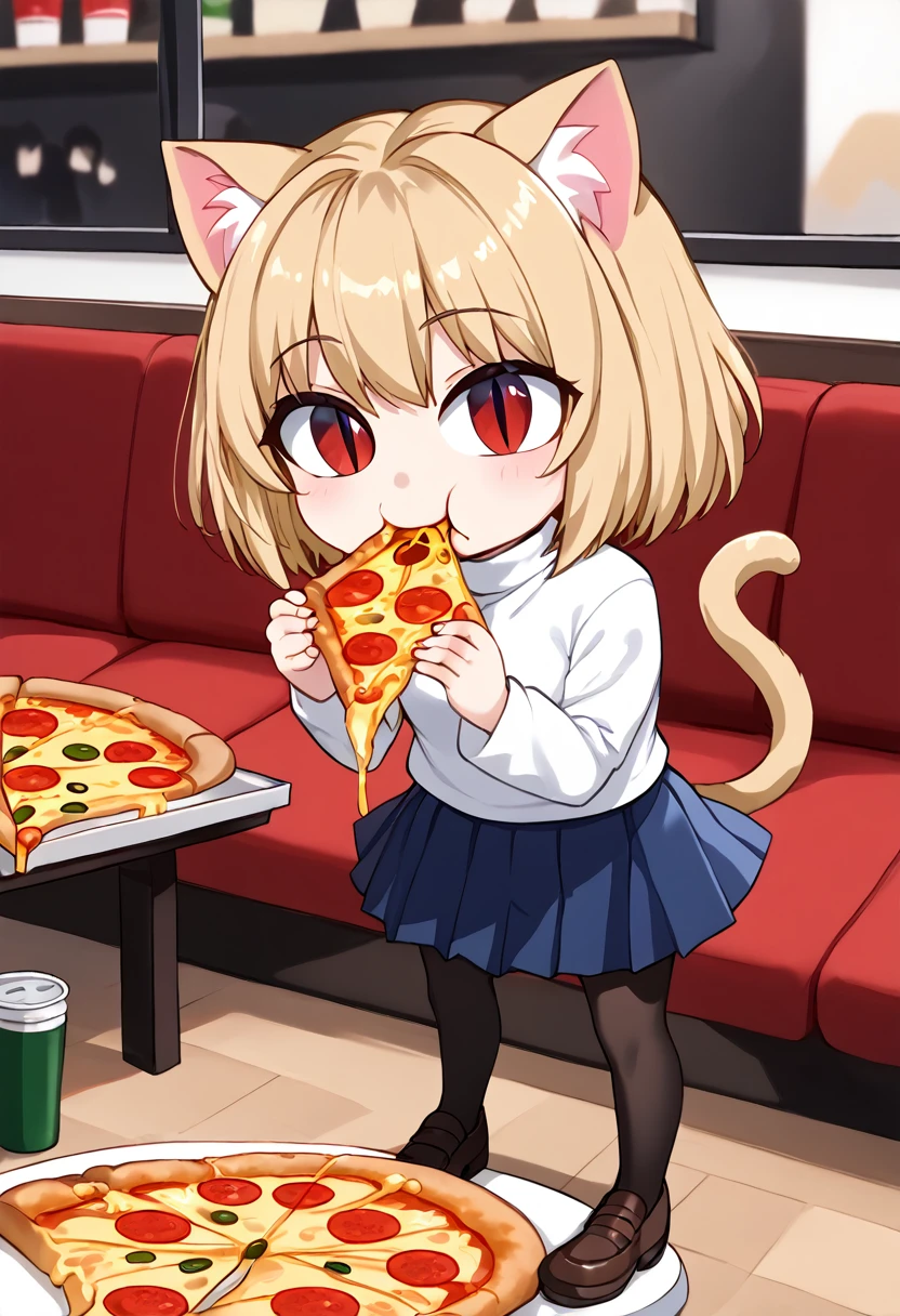 necoarc, slit pupils, cat ears, blonde hair, red eyes, chibi, :3, turtleneck, cute, blue skirt, pleated skirt, pantyhose, brown footwear, (((eating a slice of pizza))), in italian restaurant