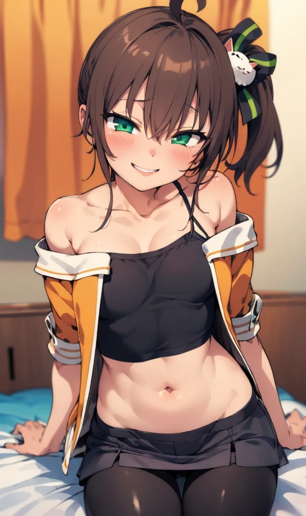 1girl, solo, detailed face,natsuiro matsuri,my room,smile,ahoge, bangs, bare shoulders, black pantyhose, black ribbon, blush, camisole, cat hair ornament, open jacket, collarbone, crop top, cropped jacket, , green eyes, green ribbon, hair between eyes, hair ornament,,looking viewer,miniskirt