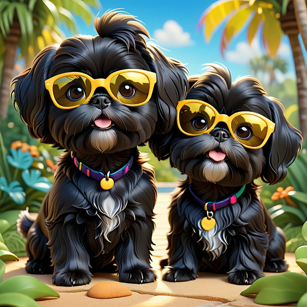 2 Adorable small black Shih Tzu puppies wearing bright sunglasses stealing treeats Disney background 3d cartoon 3d render disney pixar style