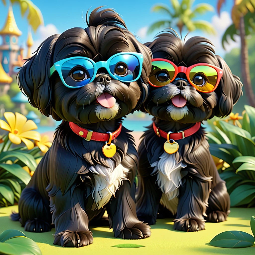 2 Adorable small black Shih Tzu puppies wearing bright sunglasses stealing treeats Disney background 3d cartoon 3d render disney pixar style