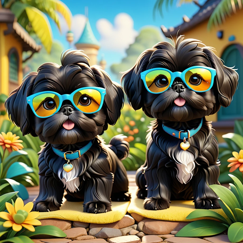 2 Adorable small black Shih Tzu puppies wearing bright sunglasses stealing treeats Disney background 3d cartoon 3d render disney pixar style