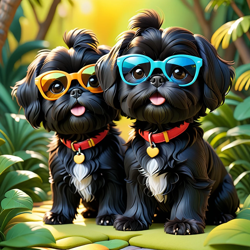2 Adorable small black Shih Tzu puppies wearing bright sunglasses stealing treeats Disney background 3d cartoon 3d render disney pixar style