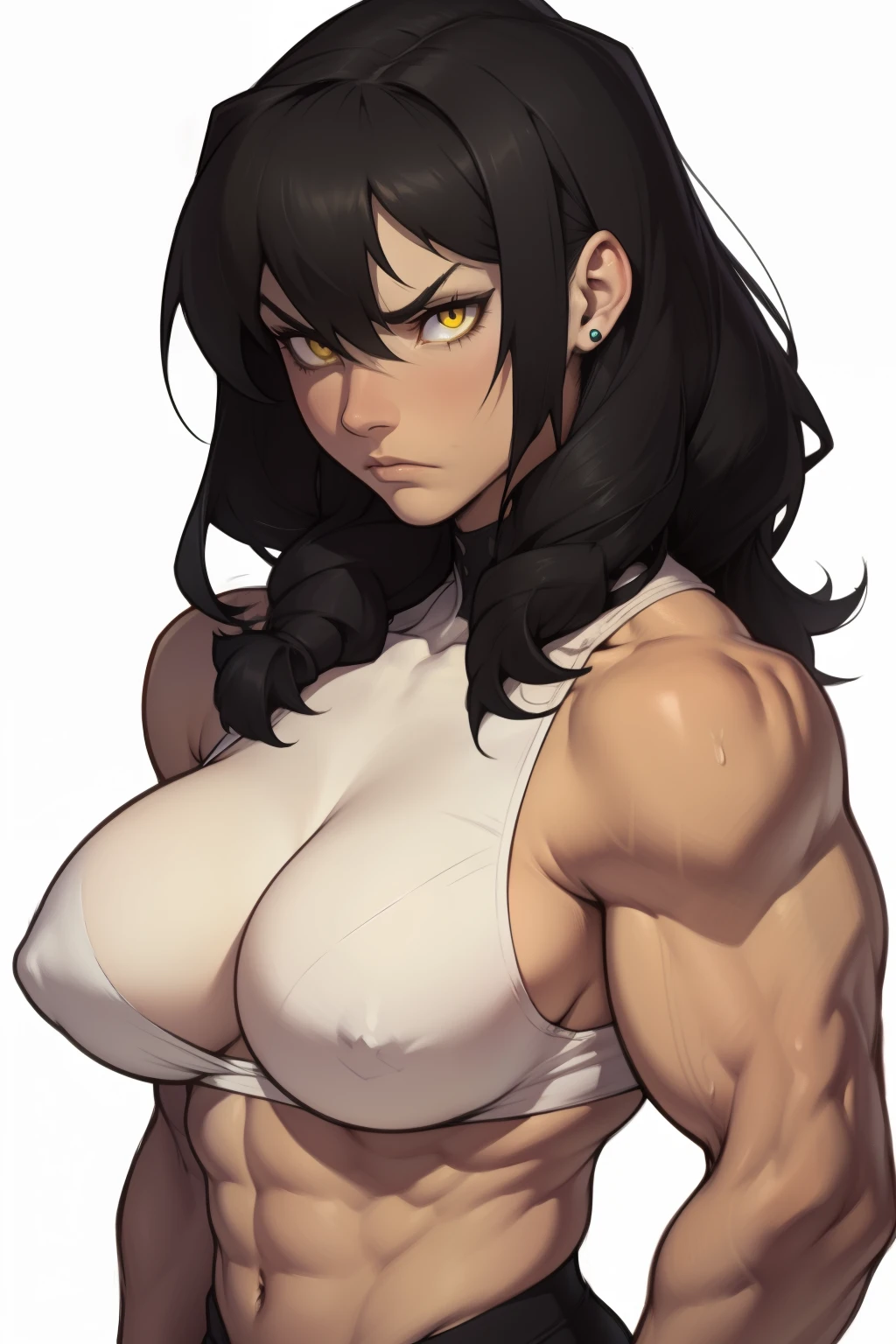 black hair yellow eyes pale skin muscular girl large breasts toned body frown