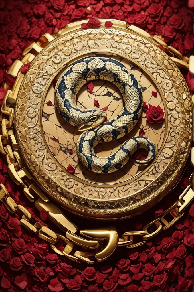A watch logo with a chain that is actually a snake with a head full of rose petals, the background is detailed as is the symbol