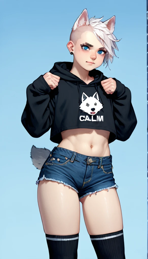 score_9_up, smile, tomgirl, (with white hair, short punk hairstyle, half shaved hair style), (shy, cute face expression, has glowing blue eyes), (wolf ears, wolf tail), calm pose, (wearing denim short shorts and a cropped black hoodie), (curvy body), (wearing thigh high socks), solo, flat chest