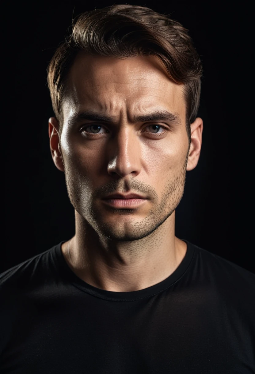high quality, portrait photo of 30 y.o european man, wearing black shirt, serious face, detailed face, skin pores, cinematic shot, dramatic lighting