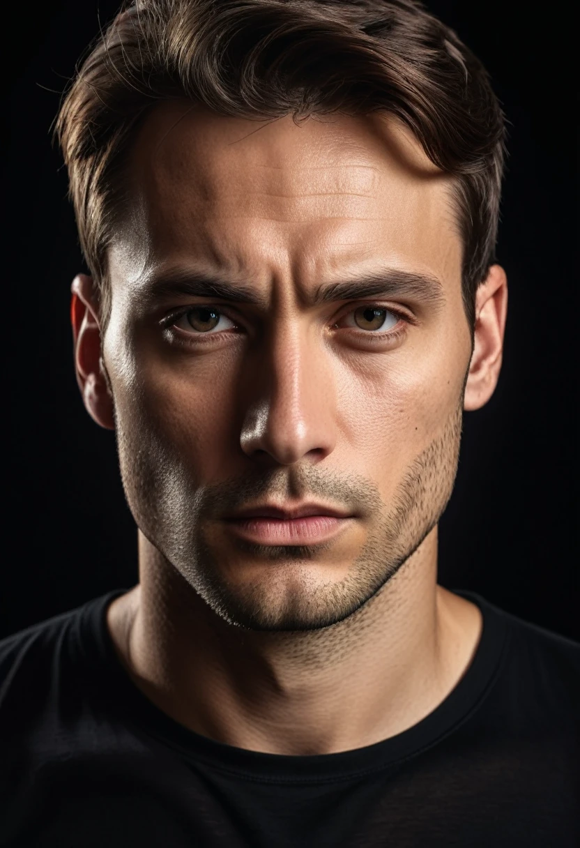 high quality, portrait photo of 30 y.o european man, wearing black shirt, serious face, detailed face, skin pores, cinematic shot, dramatic lighting