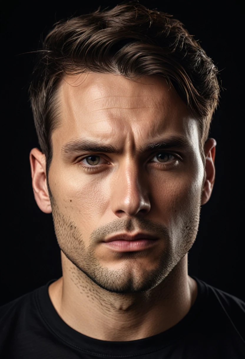 high quality, portrait photo of 30 y.o european man, wearing black shirt, serious face, detailed face, skin pores, cinematic shot, dramatic lighting
