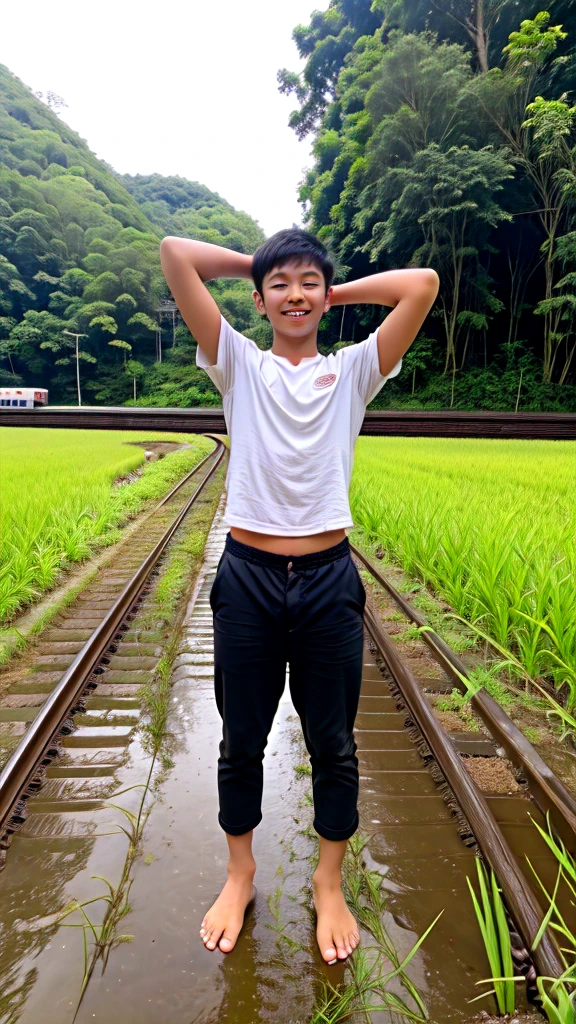 A boy with age 30 normal height and fit Thanking god pose in the paddy field behind the railway track