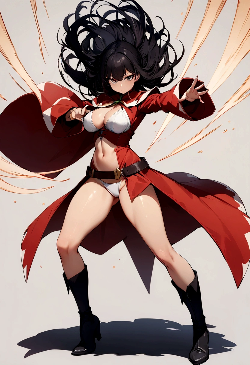 ((best quality)), ((masterpiece)), (detailed), 1girl, detailed eyes, full body, long black hair, full body, skimpy red mage clothes, light skin, blank grey background, mage standing attack pose