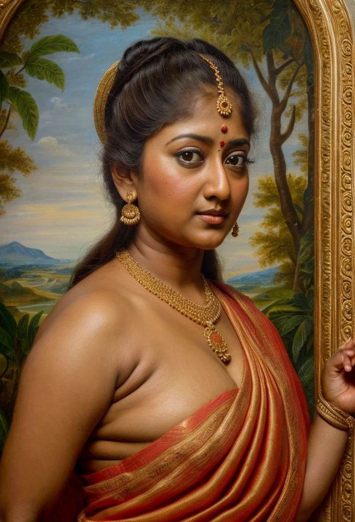 Looks like Nayanthara, exotic Indian art, inspired by oviyar maruthi style painting, inspired by mohanan manimala, Full figured beautiful woman, Apsara, Masterpiece, Beautiful Thick Woman, Best quality, high clarity eyes, critically flawless,sharp picture, Full portrait, High pixels, perfect face, perfect eyes, beautiful face, perfect hands,perfect fingers, in Peter Paul Rubens style, by Peter Paul Rubens, baroque style, acrylic on canvas, highly detailed, description: "Create a nymph inspired by the tales of Greek or Roman mythology, embodying the essence of a natural element or location, and possessing a unique ability or trait that sets her apart."