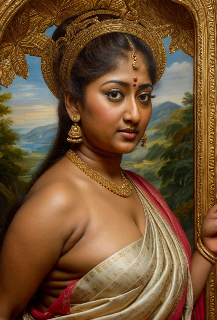 Looks like Nayanthara, exotic Indian art, inspired by oviyar maruthi style painting, inspired by mohanan manimala, Full figured beautiful woman, Apsara, Masterpiece, Beautiful Thick Woman, Best quality, high clarity eyes, critically flawless,sharp picture, Full portrait, High pixels, perfect face, perfect eyes, beautiful face, perfect hands,perfect fingers, in Peter Paul Rubens style, by Peter Paul Rubens, baroque style, acrylic on canvas, highly detailed, description: "Create a nymph inspired by the tales of Greek or Roman mythology, embodying the essence of a natural element or location, and possessing a unique ability or trait that sets her apart."