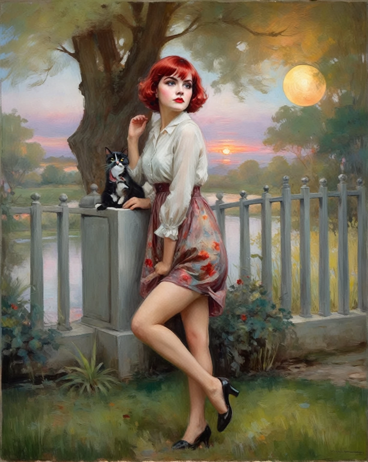 [(front portrait: young Martha Mansfield with big eyes and a short red bob)((Harrison Fisher style))):20]/[background:landscape
 Baroque (moonlight sunset), style Rafael Santi], very colorful,((oil painting)),((masterpiece)),single shot