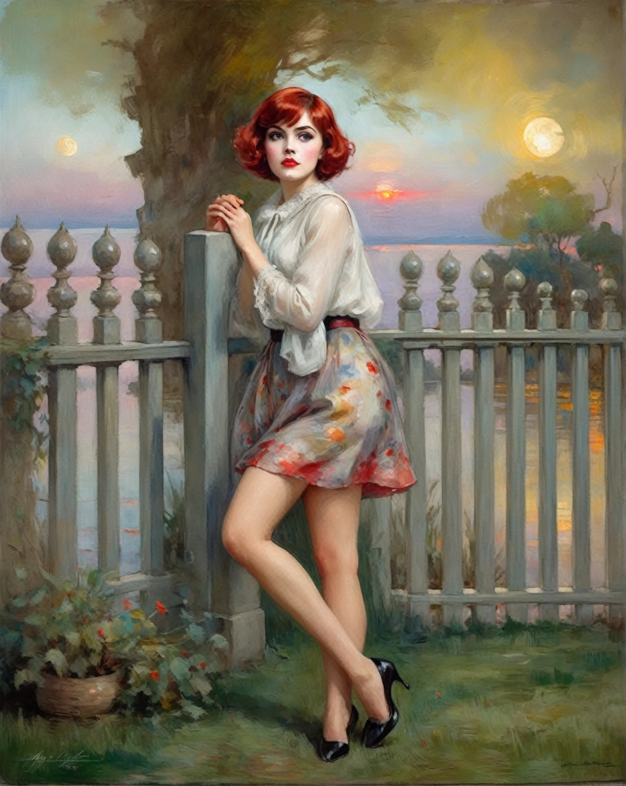 [(front portrait: young Martha Mansfield with big eyes and a short red bob)((Harrison Fisher style))):20]/[background:landscape
 Baroque (moonlight sunset), style Rafael Santi], very colorful,((oil painting)),((masterpiece)),single shot