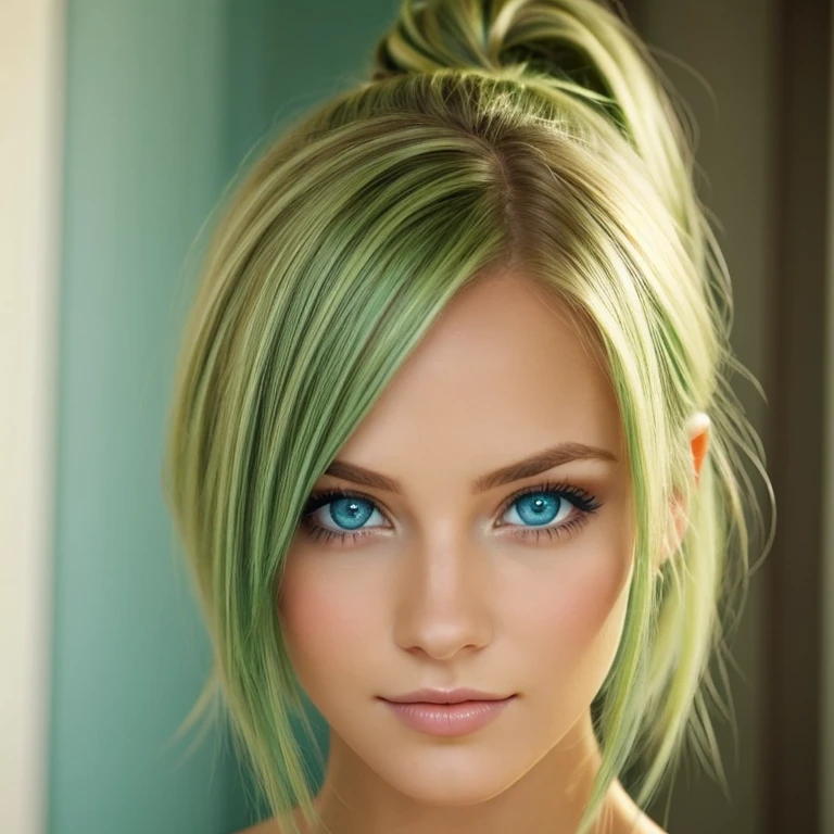 a beautiful woman with blue eyes , background green blonde hair