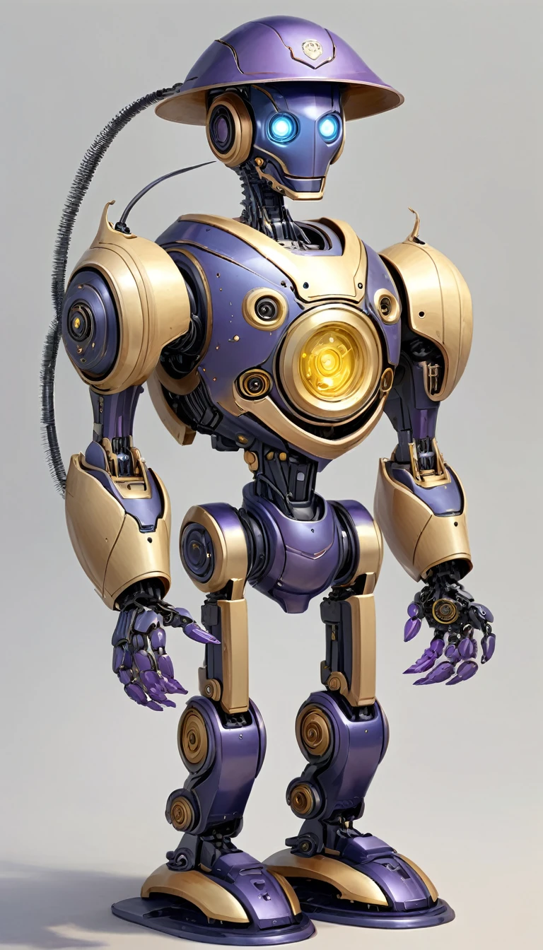 a wooden robot holding a mortarboard. The robot must have a complex design with visible joints and mechanical parts., mainly made of wood. The robot head should be slightly tilted., focusing intensely on the mortarboard in his hand. The cap must be black. The background must be a summary., impressionistic mix of soft colors, including blue ones, Purples, and touches of yellow, with thick, Textured brush strokes. adding a whimsical touch to the scene. The general mood should be a mix of curiosity and serenity., with a touch of melancholy.