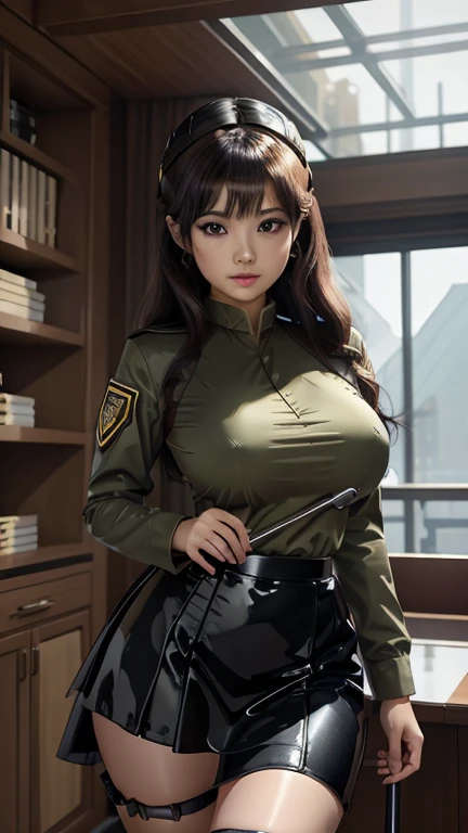 ((best quality)), ((muste piece)), (detailed face), (highlight), princess、Big breasts、blunt bangs、black hair、combat uniform、skirt、