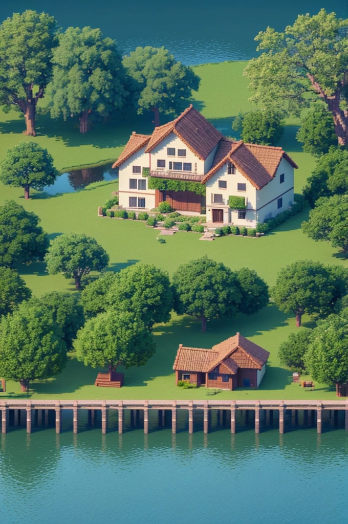 House, lake, Tree, create in pixel art 
