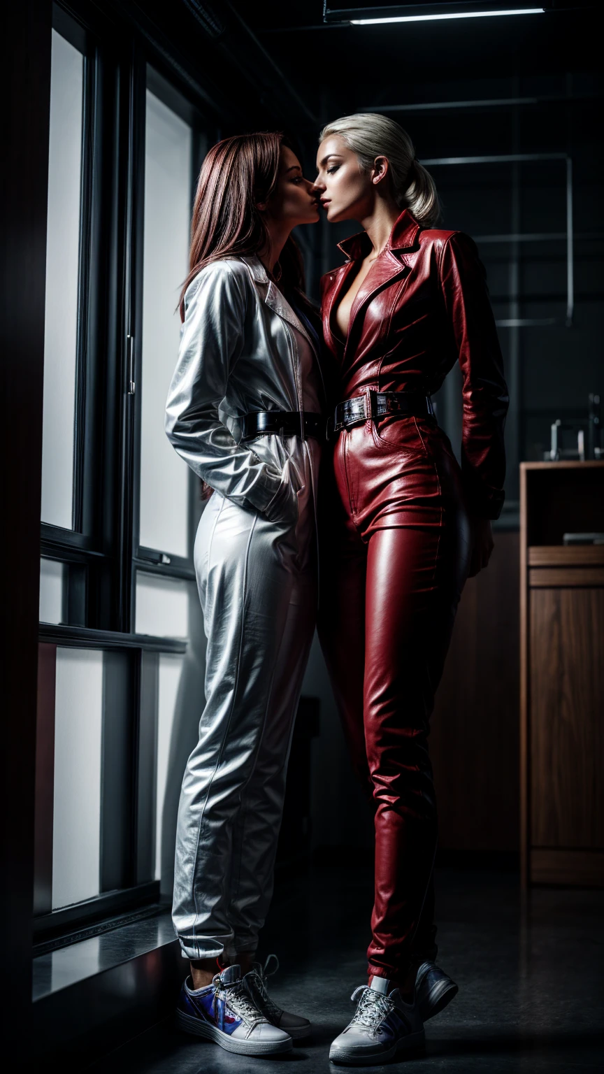 Seductive and confident look. Distant image. Labcoat. Long legs. Twi Slim teenage european girls. Lesbian kissing. Red leather trousers, sneakers. Vintage science laboratory. White hair, sidecut. Piercing. backlit, smirk, belt, backlit, perfect sultry make-up, cinematic, realistic, high contrast, visually rich,piercing eyes, strong eyeliner, mesmerizing eyes, elegant, graceful, natural beauty, charismatic, versatile, photogenic, very detailed