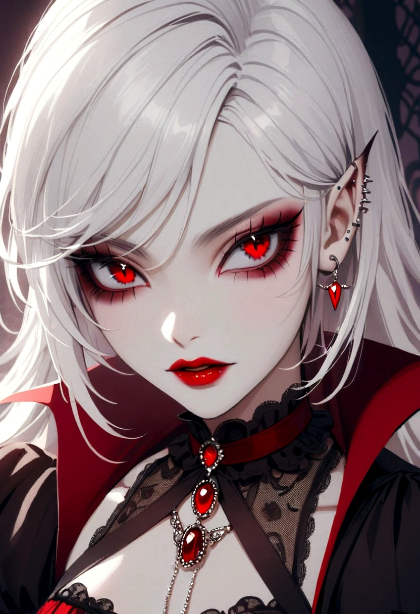 Beautiful vampire woman , long  white  hair , Eyes red , black gown , black victorian dress , piercing look and red lipstick 