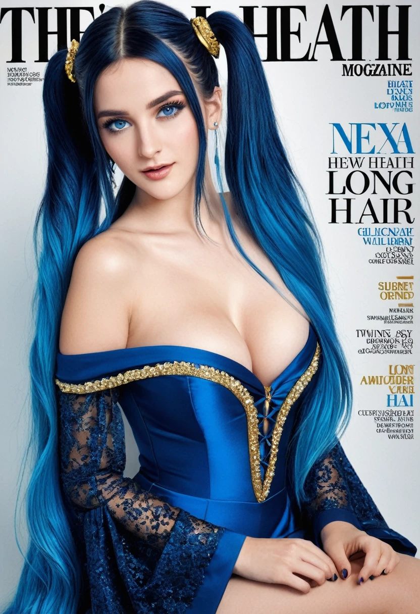 men's health magazine cover of 1girl long hair sexy adult woman sona, blue hair, blue eyes, gradient hair, twintails, hair ornament, long hair, off shoulder, blue dress with gold trim, cleavage, wide sleeves, PA7_Photo