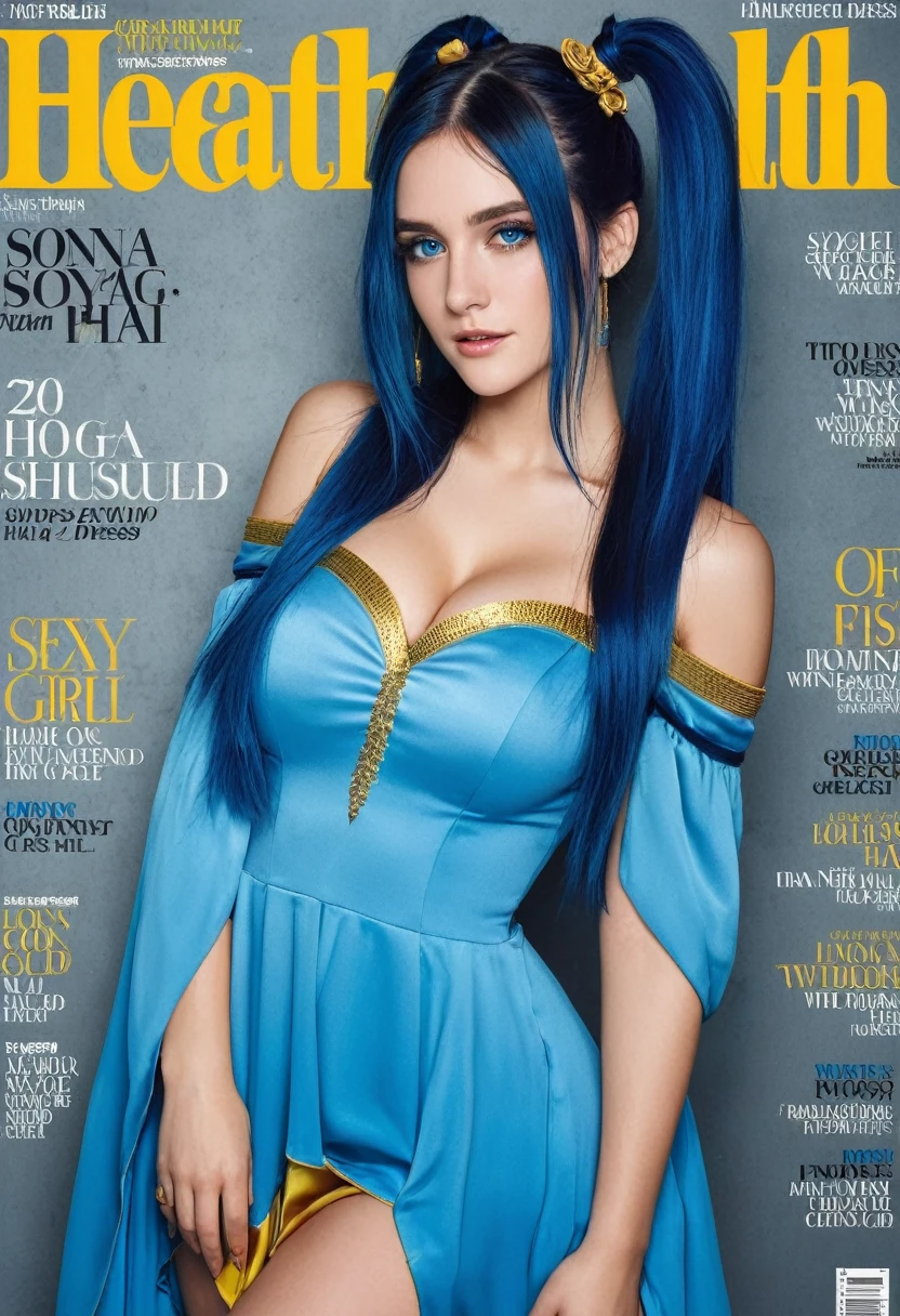 men's health magazine cover of 1girl long hair sexy adult woman sona, blue hair, blue eyes, gradient hair, twintails, hair ornament, long hair, off shoulder, blue dress with gold trim, cleavage, wide sleeves, PA7_Photo 