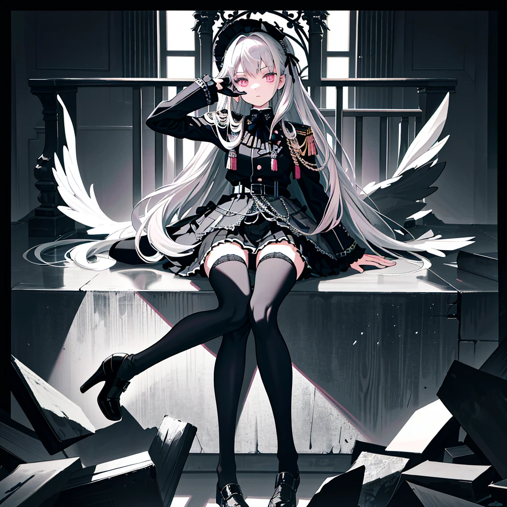 (highest resolution, distinct_image), best quality, masterpiece, highly detailed, semi realistic, a girl with long silver hair, mature girl, triple bangs, black uniform, black pleated skirt, military uniform, medals, magnificent military uniform, beautiful woman, commander,(()),pink eyes,black thighhighs,,((gothic lolita girl)olita girl,