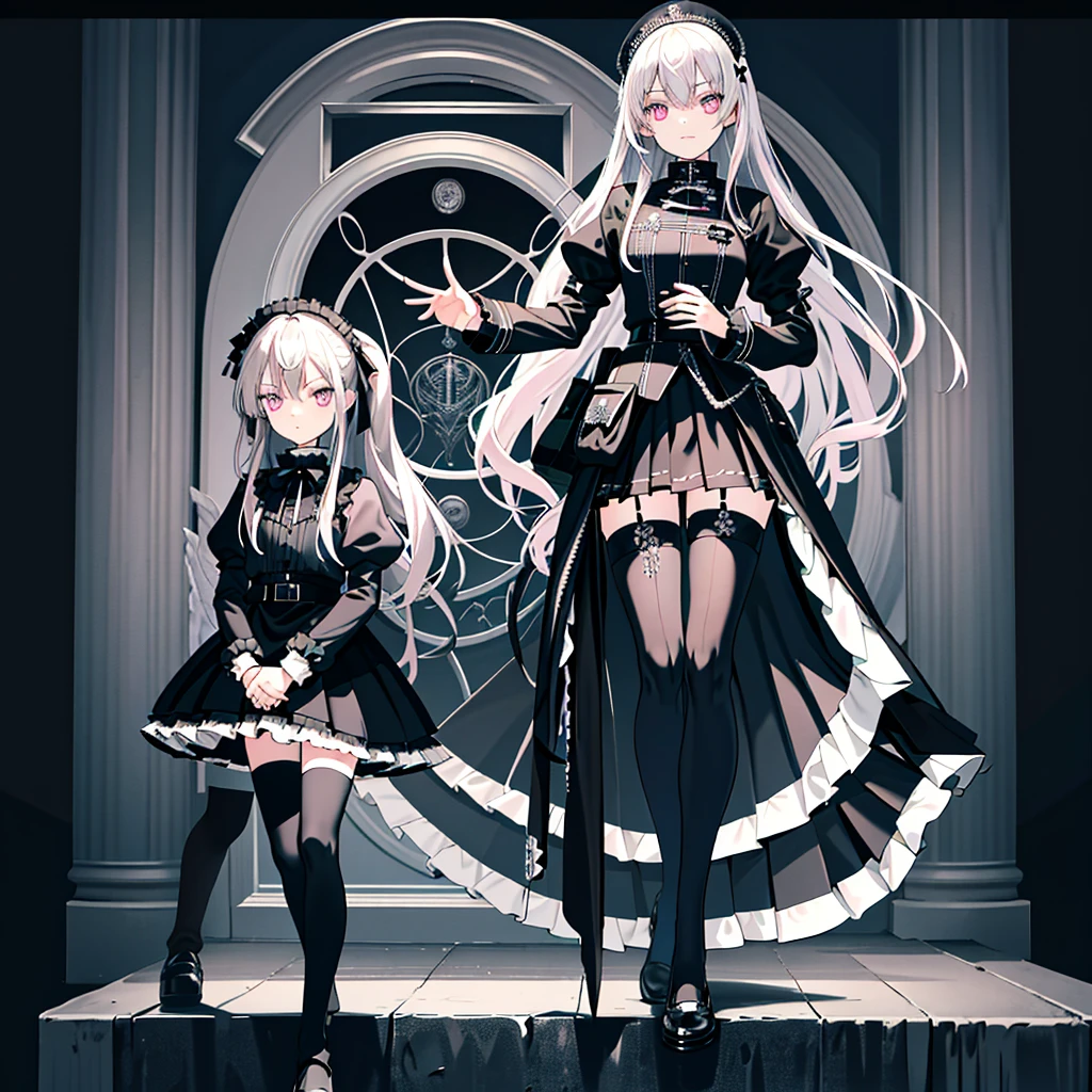 (highest resolution, distinct_image), best quality, masterpiece, highly detailed, semi realistic, a girl with long silver hair, mature girl, triple bangs, black uniform, black pleated skirt, military uniform, medals, magnificent military uniform, beautiful woman, commander,((12 years old)),pink eyes,black thighhighs,,((gothic lolita girl)),,lolita girl,