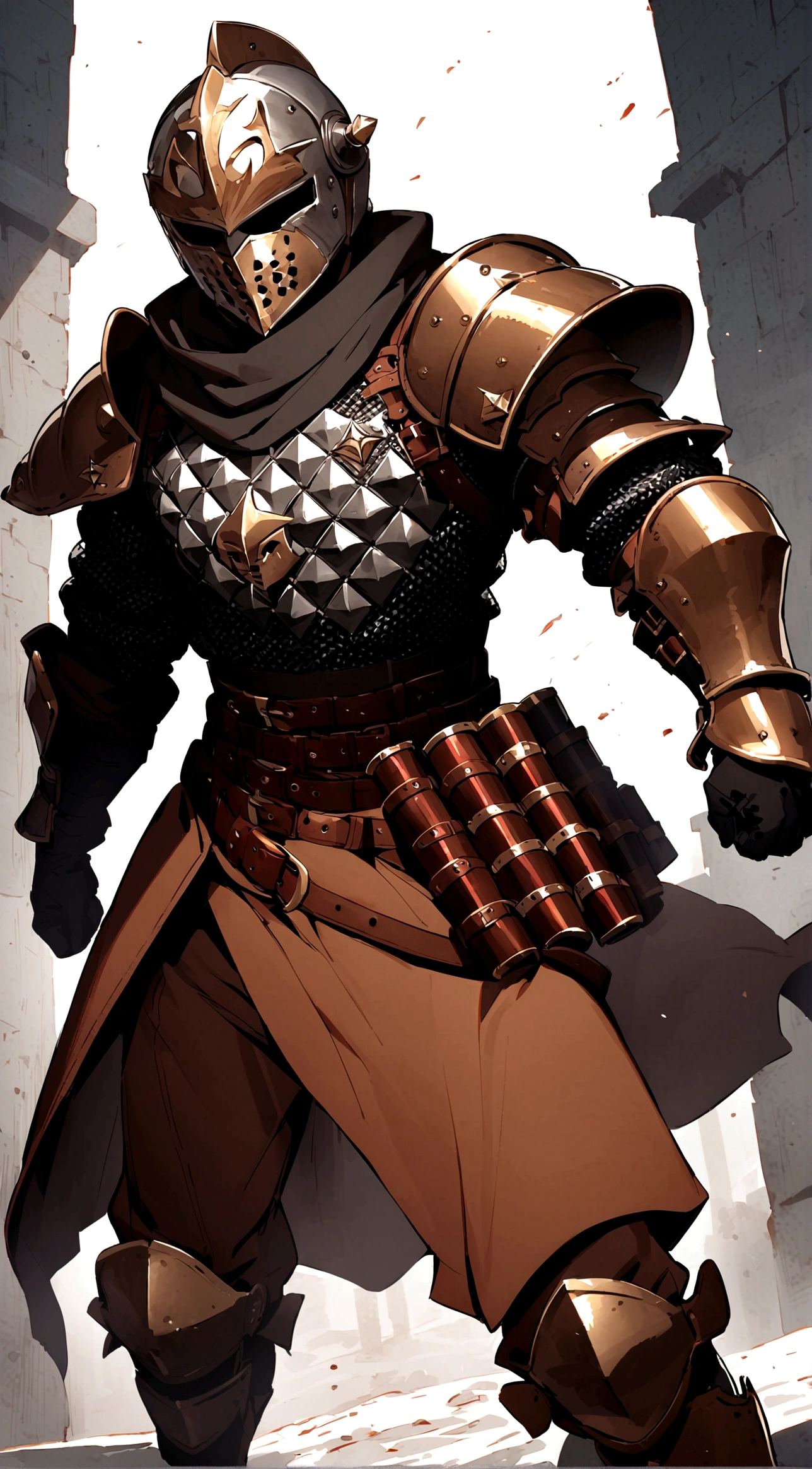 1boy, armor, light armor, gambeson, chainmail, brown pants, boots, copper armor, chestplate, bandolier, belts, shoulder plates, light shoulder armor, arm armor, leg armor, side skirts, black skirts, tattered scarf, black scarf, helmet, face-like helmet, metal mask, fencing, rapier, buckler, Height=1.83m, BodyType=slim fit, hidden face, faceless, masked, helmet, full helmet, midjourney. metal face, Baldwin mask, Roman face mask, metal face, slightly copper colored armor