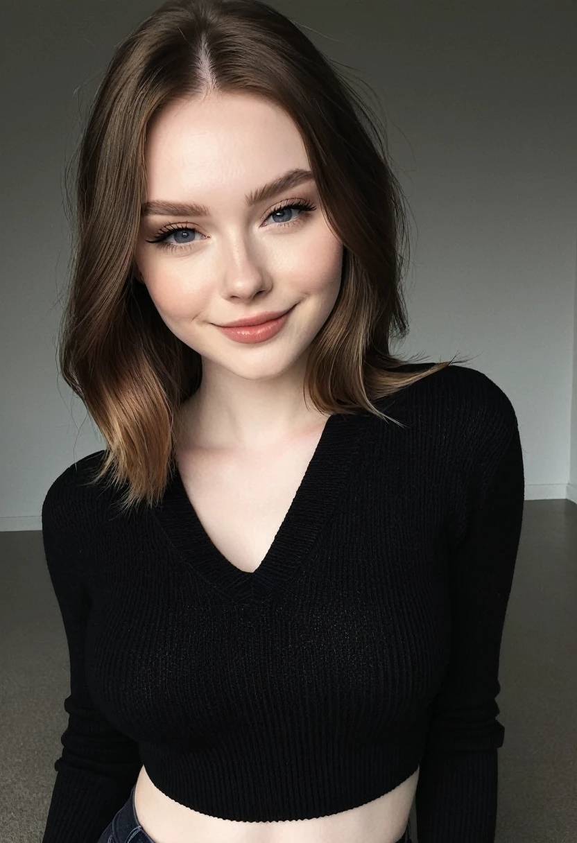 instagram photo, photo of 23 y.o Chloe in black sweater, cleavage, pale skin, (smile:0.4), hard shadows