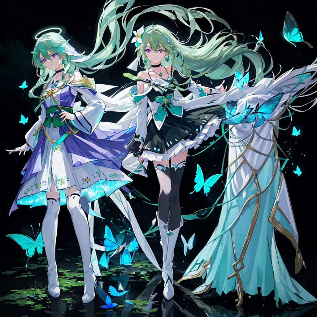 (Masterpiece, Best Quality: 1.4), white Background, Long Hair, Jewelry, Earrings, Necklace, Bride, ((green Hair)), Halo, (Overlook), Dynamic Angle, Ultra Detailed, Illustration, Close Up, Direct Look, 1girl, (Fantasy: 1.4), (Purple Eyes: 1.233), Her Eyes Shine Like Dreamy Stars, (Glow Eyes: 1.233), (Beautiful and Delicate Eyes: 1.1), (green Hair: 1.4), (Messy Hair, Very Long Hair, French braids, hair between the eyes, side hair), (+(white hair flower: 1.14)), (chiffon dress, uniform white flower pattern)/= (military uniform: 1.24), (fingerless gloves), choker, (miko thighhighs), high heeled boots, (expressionless, shut up), (standing), (white flowers, blooming),(Ruins),(Night:1.2),dreamy,Soul,(fluorescent),(Flying Translucent Blue Butterfly:1.15),[Delicate Fingers and Hands:0.55]::0.85], (Finger Detail), (Yubao:0.5),((town background)),((full body)),((turquoise hair)),green hair,((green hair)),night,near the river,Walking in the distance,