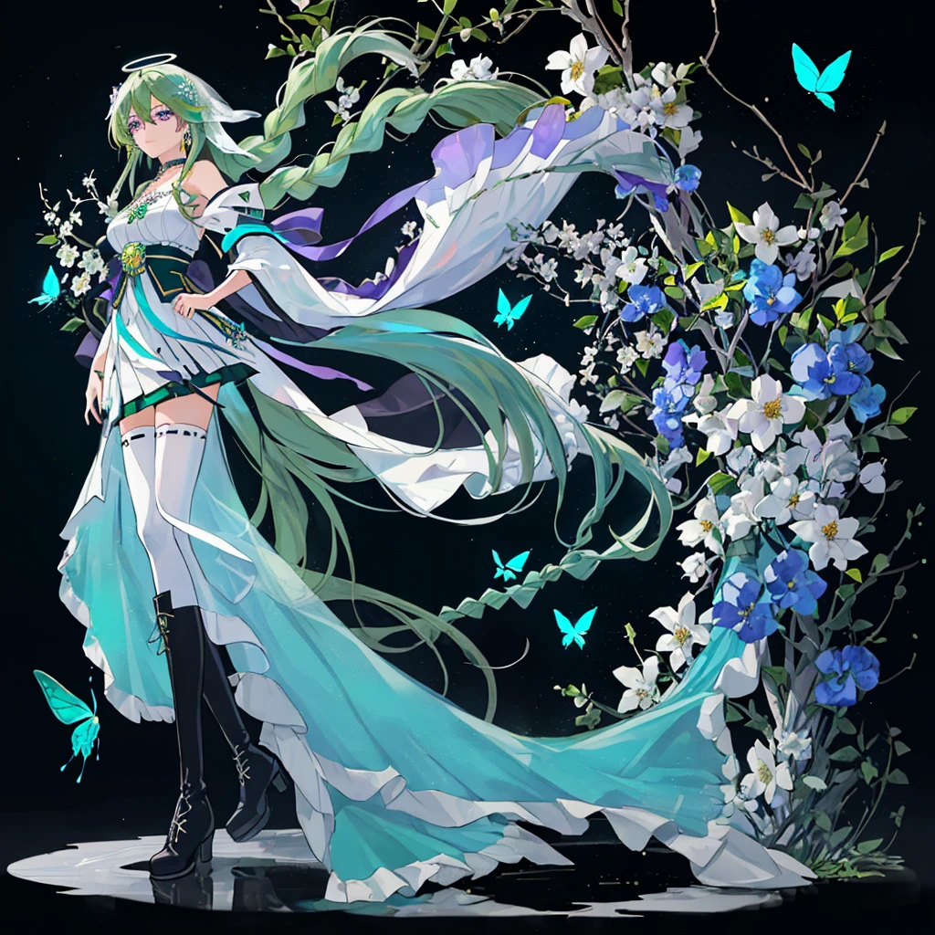 (Masterpiece, Best Quality: 1.4), white Background, Long Hair, Jewelry, Earrings, Necklace, Bride, ((green Hair)), Halo, (Overlook), Dynamic Angle, Ultra Detailed, Illustration, Close Up, Direct Look, 1girl, (Fantasy: 1.4), (Purple Eyes: 1.233), Her Eyes Shine Like Dreamy Stars, (Glow Eyes: 1.233), (Beautiful and Delicate Eyes: 1.1), (green Hair: 1.4), (Messy Hair, Very Long Hair, French braids, hair between the eyes, side hair), (+(white hair flower: 1.14)), (chiffon dress, uniform white flower pattern)/= (military uniform: 1.24), (fingerless gloves), choker, (miko thighhighs), high heeled boots, (expressionless, shut up), (standing), (white flowers, blooming),(Ruins),(Night:1.2),dreamy,Soul,(fluorescent),(Flying Translucent Blue Butterfly:1.15),[Delicate Fingers and Hands:0.55]::0.85], (Finger Detail), (Yubao:0.5),((town background)),((full body)),((turquoise hair)),green hair,((green hair)),night,near the river,Walking in the distance,