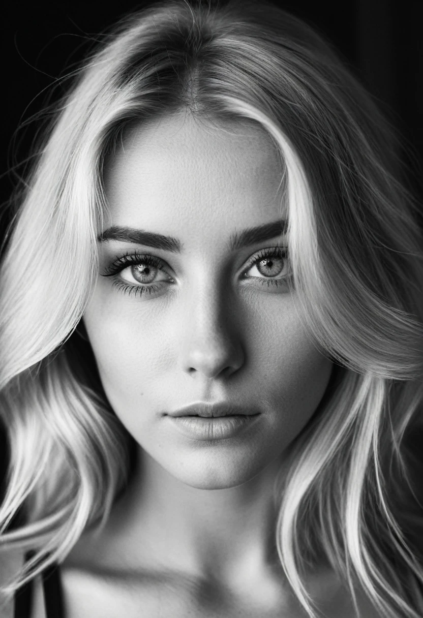 b&w, instagram photo, portrait photo of 26 y.o blonde woman, perfect detailed eyes, natural skin, hard shadows, film grain