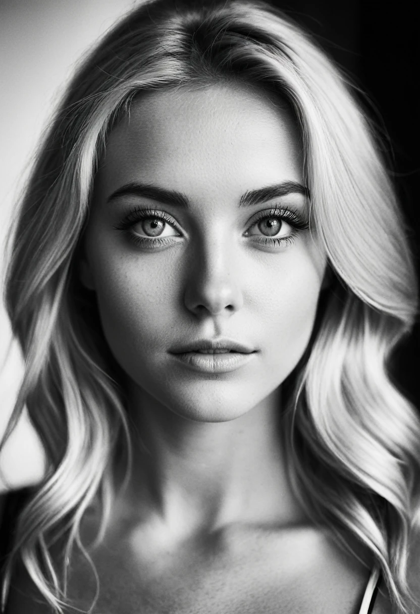 b&w, instagram photo, portrait photo of 26 y.o blonde woman, perfect detailed eyes, natural skin, hard shadows, film grain
