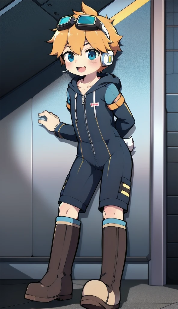 2D Boy Shota,One-piece mountaineering suit,Slim, healthy body,Put the headphones on your head,stand up,goggles,Rabbit ears,happy,Sailor collar,tie,Zipper pulled down,boots,hood