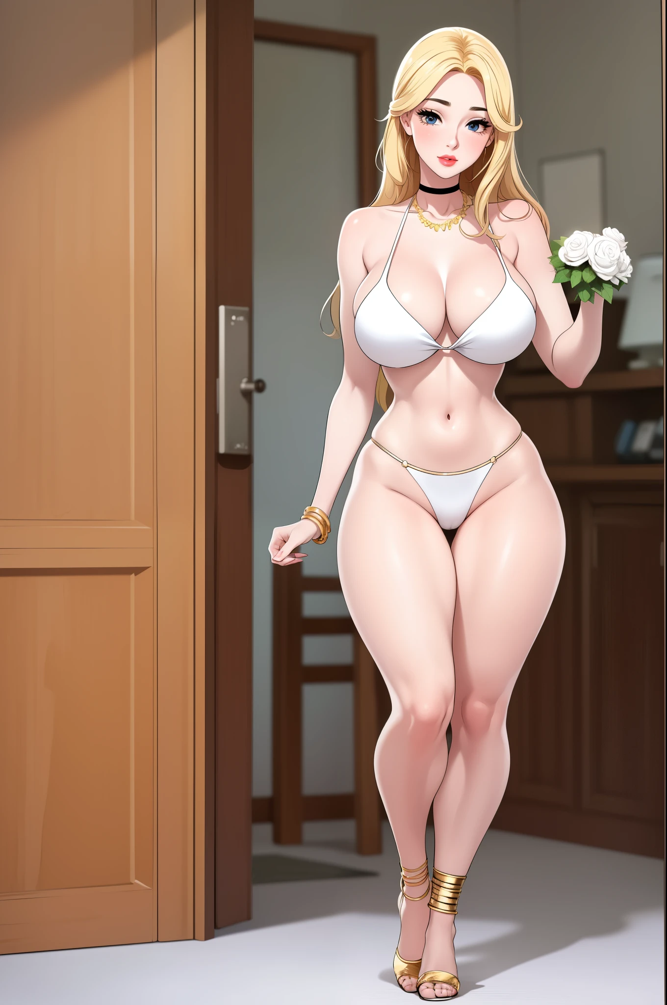An extremely beautiful stunning woman with a perfect busty body, gold blonde long silky hair, big blue eyes, extremely super bright snow white fair stunning flawless glowing lush shiny flawless white skin, a perfect tight hourglass figure, and a skinny waist, sexy thick smooth luscious legs, and thighs, extremely cute smile on the face, bright pink blushes on cheeks, wearing a tight sexy revealing white bikini with threads, yellow heels, gold necklace on the neck, gold anklets on feet, gold chain on the waist, standing straight, holding a red rose bouquet, beach in the background, show full body from head to feet.
