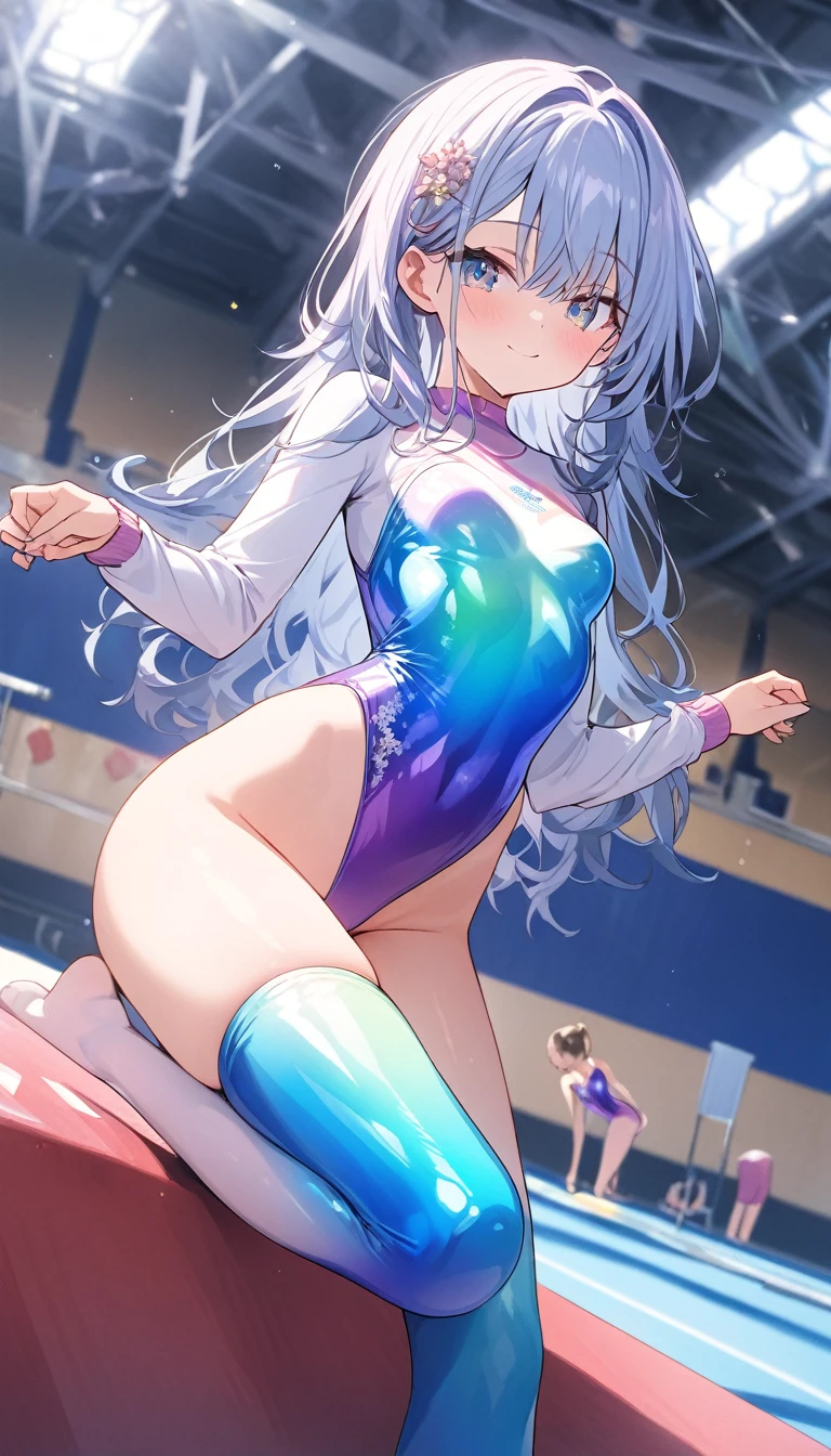 highquality illustration, masterpiece, very delicate and beautiful, attractive girl,(gymnastics leotard, Floral patterns leotard,long sleeve leotard with glittery decoration,high_leg leotard,athletic leotard,tight-fit leotard,iridescent gradient leotard,long-sleeve leotard),thin,slender body,slim,high school,gymnasium background,gymnastics club,gymnastics athlete,princess, beautiful eyes,light smile,(masterpiece, best quality:1.2), highres, extremely detailed CG unity 8k wallpaper, perfect lighting, Colourful, ultra-high res,4K,ultra-detailed, photography, 8K, HDR, 17 ages, full body,