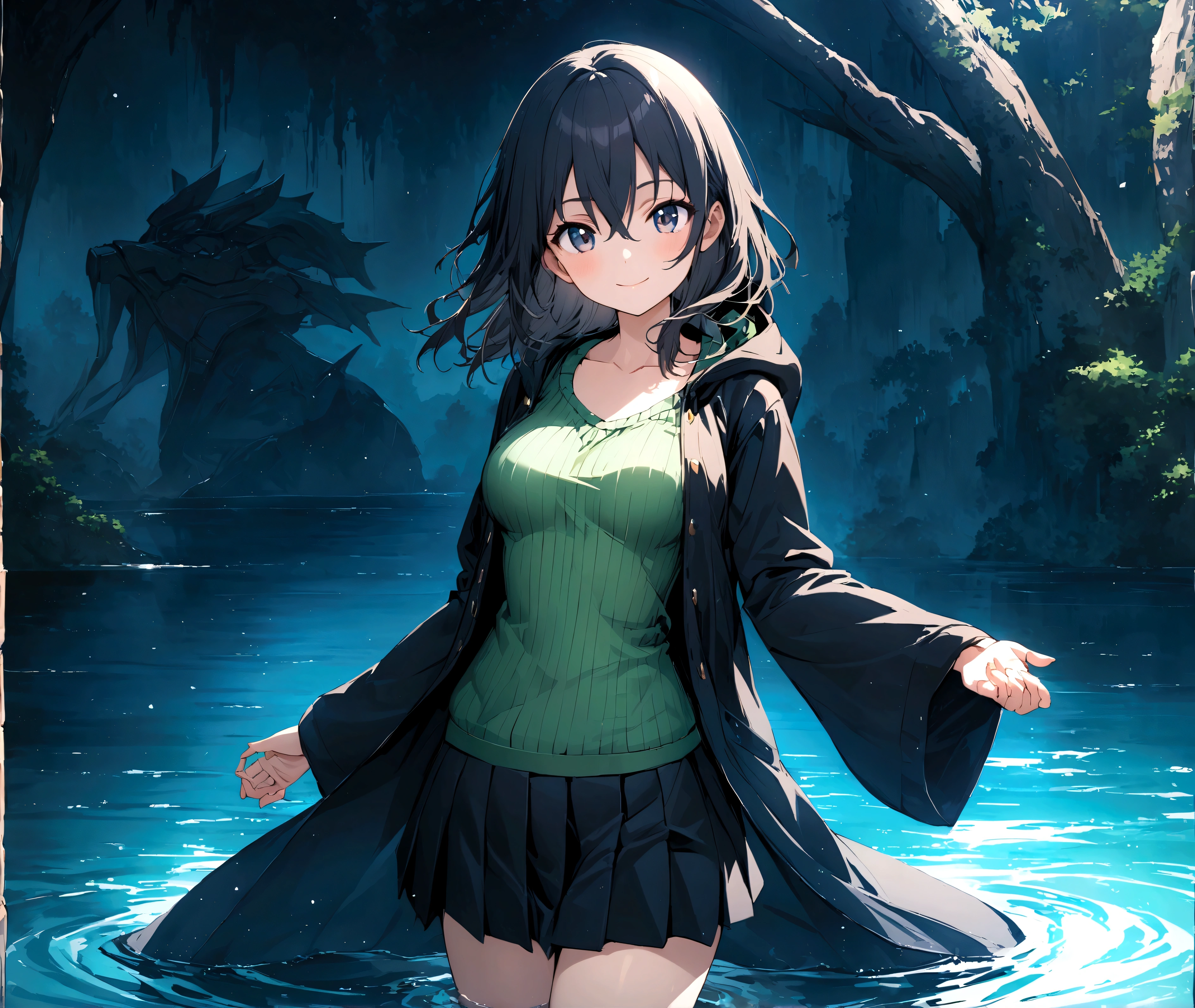 Masterpiece, Best Quality, Ultra high quality CG, YGO area, 1 girl, Alone, wide, looking at the viewer, Skirt, shirt, long sleeves, hair between the eyes, medium breasts, Closed mouth, clavicle, cowboy shot, pleated Skirt, open clothing, hood, wide sleeves, black Skirt, blue background, hood down, personal, tunica, green shirt, SMILE, happy, playing in the water, lake, duel monster, ribbed shirt, open tunica, hooded tunica
