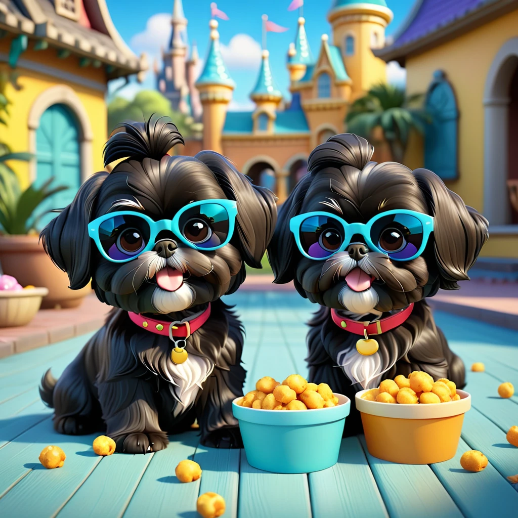 2 Adorable small black Shih Tzu puppies wearing bright sunglasses stealing treats Disney background 3d cartoon 3d render disney pixar style