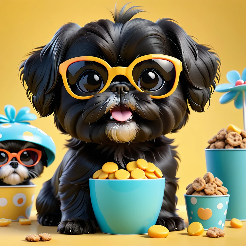 2 Adorable small black Shih Tzu puppies wearing bright sunglasses stealing treats Disney background 3d cartoon 3d render disney pixar style
