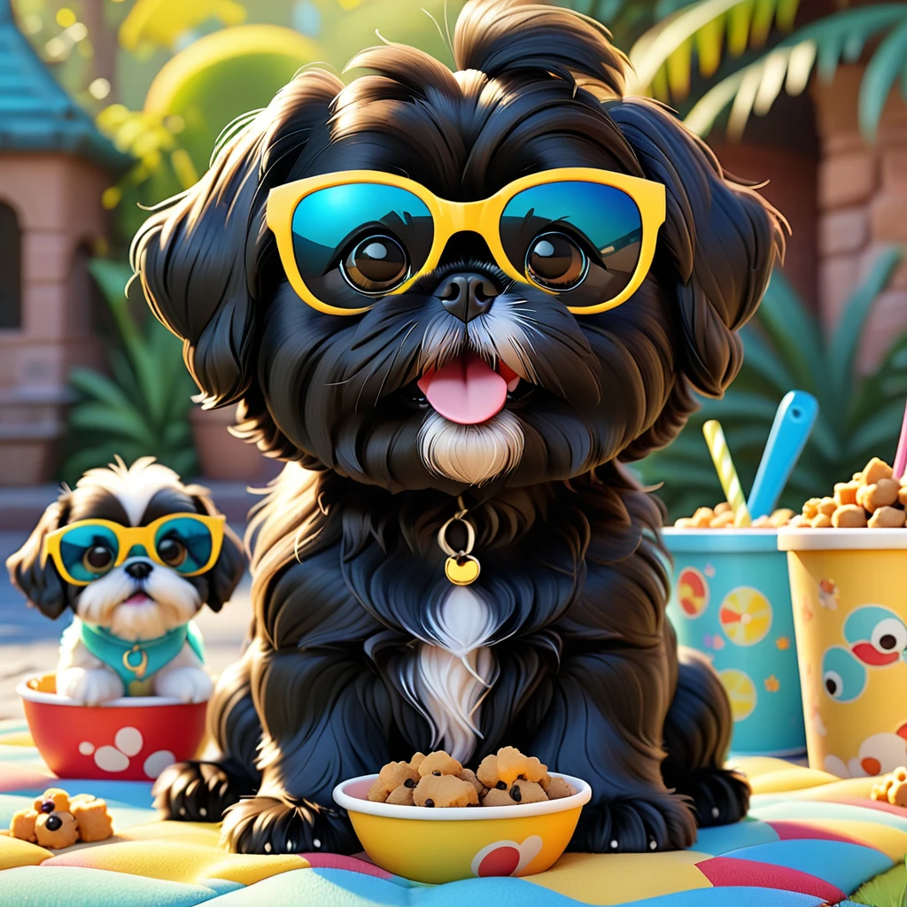 Two adorable little black shih tzu puppies, Wearing bright bandanas and goggles, sky diving, Disney Background, 3D Comics, 3D Rendering, Disney-Pixar Style, Surreal, 8K, Very detailed, Vibrant colors, cute, Playful, Fluffy fur, Adorable expression, Dynamic pose, Realistic, Studio Lighting, Perfect texture, Structure of the film, masterpiece、A bartender cat in a stylish vest and bow tie mixing a colorful cocktail behind the bar counter.
