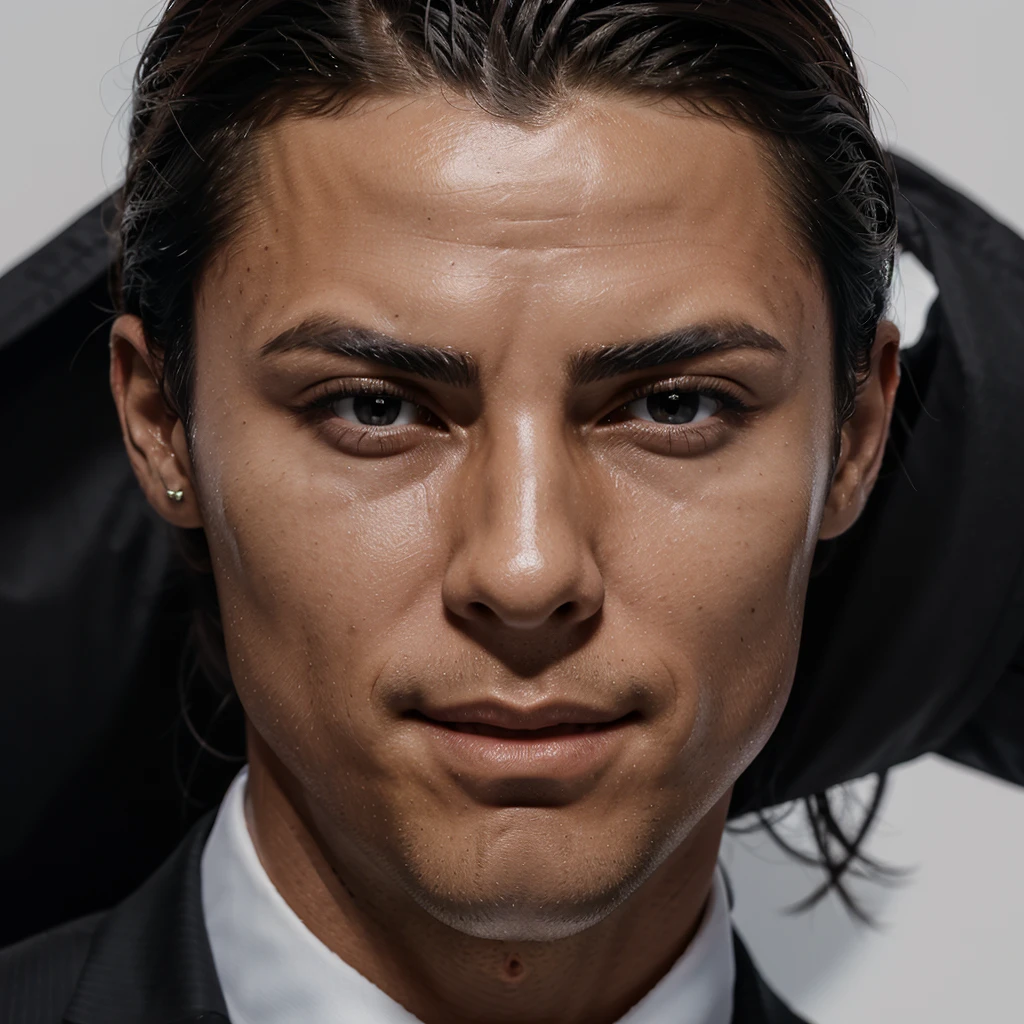 cristiano ronaldo smirking, black suit, white background, close up shoot, only face, 4K, ultra detialed, cinematic shoot, facial expression, 