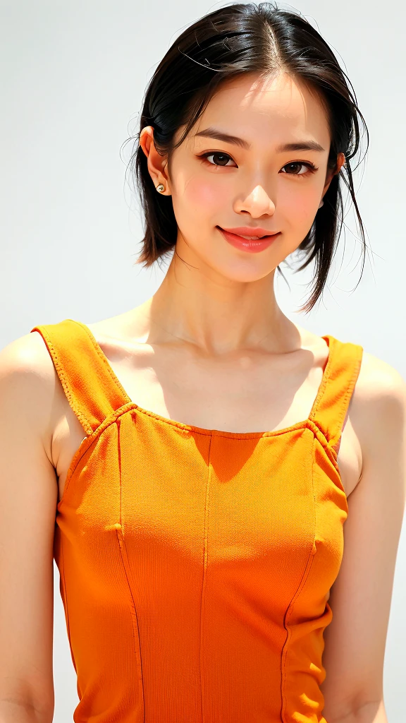 (1 woman:1.99)、(Wide forehead、Very short hair、Very small amount of hair、Forehead、Fuji frame:1.1)、Sunburn、、Naughty、Happy expression、満面のsmile、Weakness、love、I feel very comfortable alone、(Orange leotard),((Very sleepy、Improves skin texture,smile、Narrow eyes、Very weak eyesight、Very weak eyeliner、Half-closed eyes、I know the shape of your head、Oval Face))、(slicked back hair:1.25)、Photographic, Raw photo, Mastepiece, Highly detailed photos, Digital SLR, Photo-realistic 1.4, Super hello nothing, Best Quality,(standing、tilting your head、whole body:1.7)